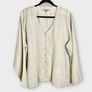 FLAX neutral tan beige v neck button down long sleeve shirt plus size 1X